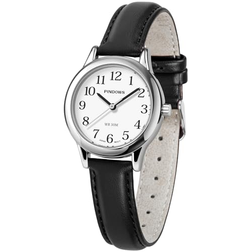 PINDOWS Minimalistische Uhren für Damen, Goldton-Gehäuse mit schwarzem Lederarmband, Modisch, Elegante Quarz-Analoguhr für den täglichen Gebrauch (G652N3: Schwarz-Silbrig) von PINDOWS