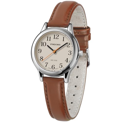 PINDOWS Minimalistische Uhren für Damen, Goldton-Gehäuse mit schwarzem Lederarmband, Modisch, Elegante Quarz-Analoguhr für den täglichen Gebrauch (G652N4: Braun-Silbrig) von PINDOWS