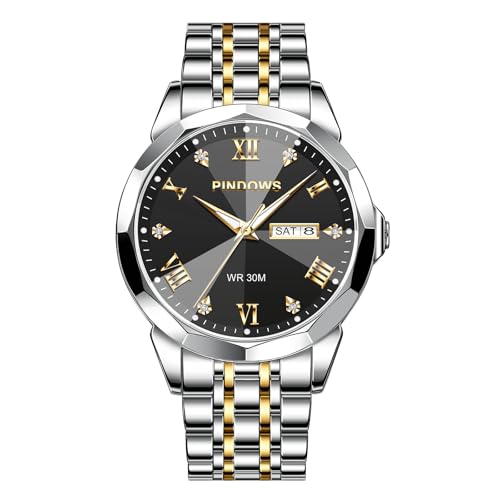 PINDOWS Armbanduhr für Herren Diamanten Business-Dress-Stil analoges Quarzwerk luxuriöse wasserdichte Armbanduhr Leuchtzeigern Datumsanzeige zweifarbiges Edelstahlarmband klassisch-modische Herrenuhr von PINDOWS