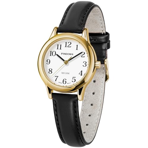 PINDOWS schlanke minimalistische Quarz-Analoguhr für Damen, Gehäuse in Goldton mit schwarzem Lederarmband, modische, Elegante Armbanduhr für den Alltag PINDOWS schlanke minimalistische Quarz-Analoguhr für Damen, Gehäuse in Goldton mit schwarzem Lederarmband, modische, Elegante Armbanduhr für den Alltag von PINDOWS