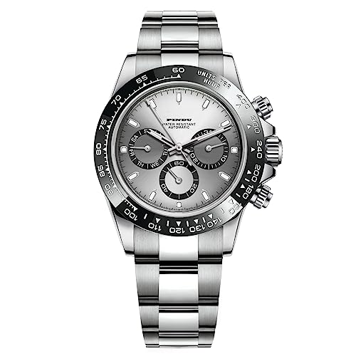 PINDU Automatische Uhren für Herren, Multifunktionale Regenbogen Automatische Mechanische Uhr Herrenuhr Tag Datum Diamantskala Edelstahlband, Schwarzes Gehäuse, graues Zifferblatt von PINDU