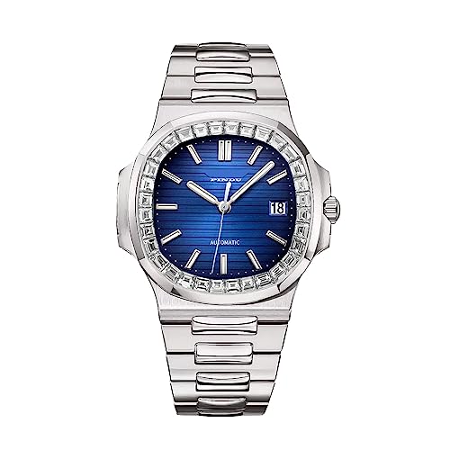 PINDU Automatikuhren für Herren, quadratische Diamant-Uhr, Edelstahlband, Skelett, selbstaufziehend, mechanische Uhr, Armbanduhr, Geschenk für Männer, Drei Zeiger, dunkelblau, Modern von PINDU