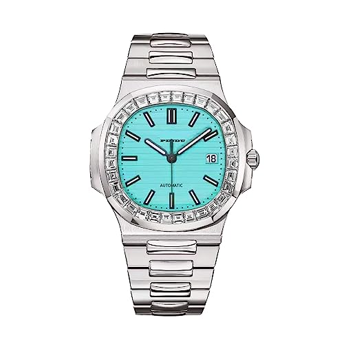 PINDU Automatische Uhren für Herren, Quadratische Diamantuhr Edelstahlband Skelett Selbstaufziehende mechanische Uhr Armbanduhr Geschenk für Männer, Drei Zeiger hellblau von PINDU