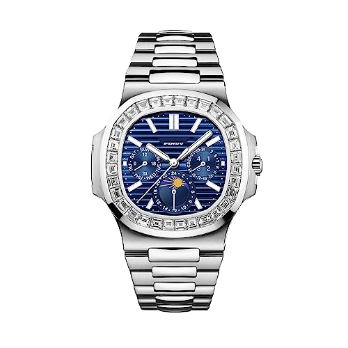 PINDU Automatische Uhren für Herren, Quadratische Diamantuhr Edelstahlband Skelett Selbstaufziehende mechanische Uhr Armbanduhr Geschenk für Männer, Sechs Zeiger Dunkelblau von PINDU