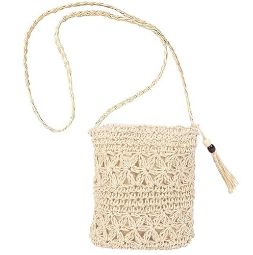 PINEPAN Damen-Strohtasche, Boho-Stil, Stroh-Umhängetasche mit Quaste, handgefertigt, Bohemian-Stil, Umhängetasche mit Reißverschluss für Sommer, Urlaub, Strand und Reisen, Beige. von PINEPAN