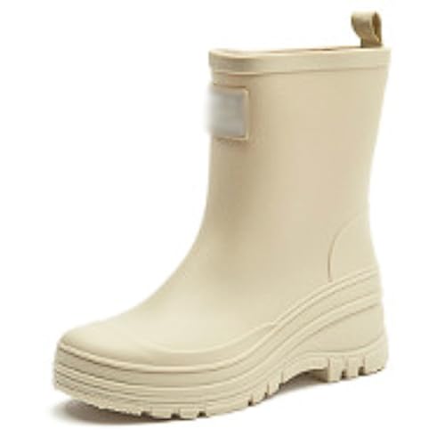 Damen-Regenstiefel bis zur Wade, wasserdicht, PVC, dicke Sohle, rutschfest, for den Außenbereich, Watstiefel for Camping und Arbeit(Beige,41 EU) von PINGSHI Boutique UK
