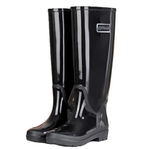 Damen-Regenstiefel mit hohem Schaft, wasserdicht, rutschfest, Watstiefel, 42,5 cm, PVC-Gartenstiefel mit Netzfutter, Reifenprofilsohle(BLACK 1,39 EU) von PINGSHI Boutique UK