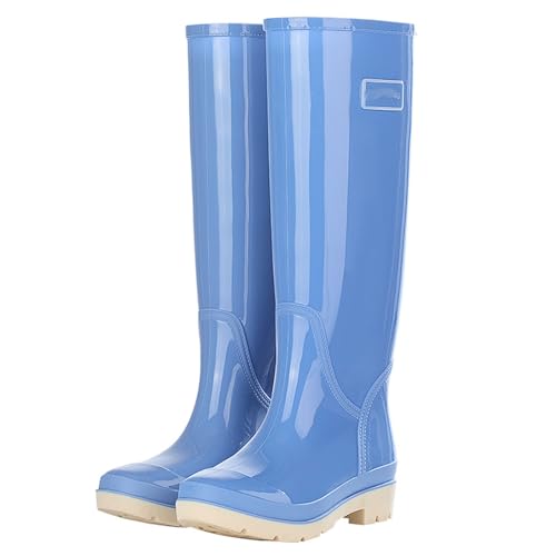 Damen-Regenstiefel mit hohem Schaft, wasserdicht, rutschfest, Watstiefel, 42,5 cm, PVC-Gartenstiefel mit Netzfutter, Reifenprofilsohle(BLUE 1,41 EU) von PINGSHI Boutique UK