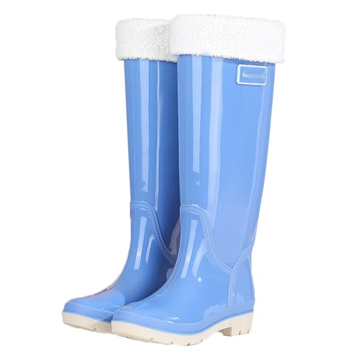 Damen-Regenstiefel mit hohem Schaft, wasserdicht, rutschfest, Watstiefel, 42,5 cm, PVC-Gartenstiefel mit Netzfutter, Reifenprofilsohle(Bleu,39 EU) von PINGSHI Boutique UK