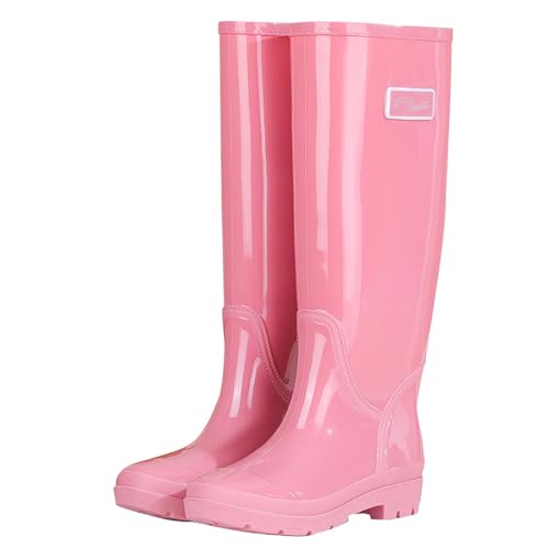 Damen-Regenstiefel mit hohem Schaft, wasserdicht, rutschfest, Watstiefel, 42,5 cm, PVC-Gartenstiefel mit Netzfutter, Reifenprofilsohle(PINK 1,39 EU) von PINGSHI Boutique UK