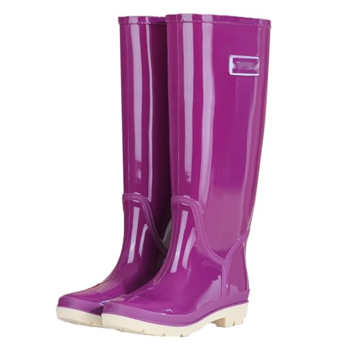 Damen-Regenstiefel mit hohem Schaft, wasserdicht, rutschfest, Watstiefel, 42,5 cm, PVC-Gartenstiefel mit Netzfutter, Reifenprofilsohle(PURPLE 1,39 EU) von PINGSHI Boutique UK