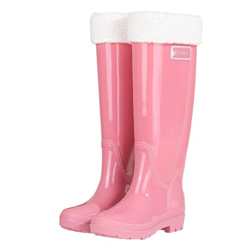 Damen-Regenstiefel mit hohem Schaft, wasserdicht, rutschfest, Watstiefel, 42,5 cm, PVC-Gartenstiefel mit Netzfutter, Reifenprofilsohle(Rose,35 EU) von PINGSHI Boutique UK