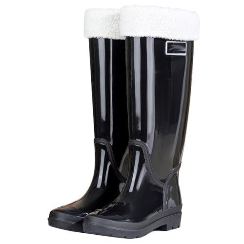 Damen-Regenstiefel mit hohem Schaft, wasserdicht, rutschfest, Watstiefel, 42,5 cm, PVC-Gartenstiefel mit Netzfutter, Reifenprofilsohle(Svart,39 EU) von PINGSHI Boutique UK