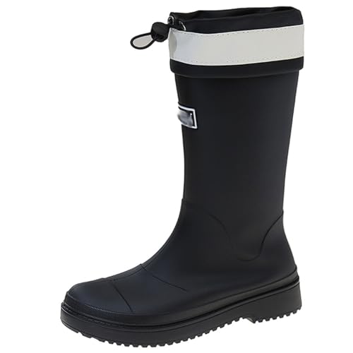 PINGSHI Boutique UK Campingstiefel mit dicker Sohle, Damen-Regenstiefel bis zur Wade, wasserdicht, rutschfest, for den Außenbereich, Watstiefel mit Kordelzugverschluss(Svart,36 EU) von PINGSHI Boutique UK