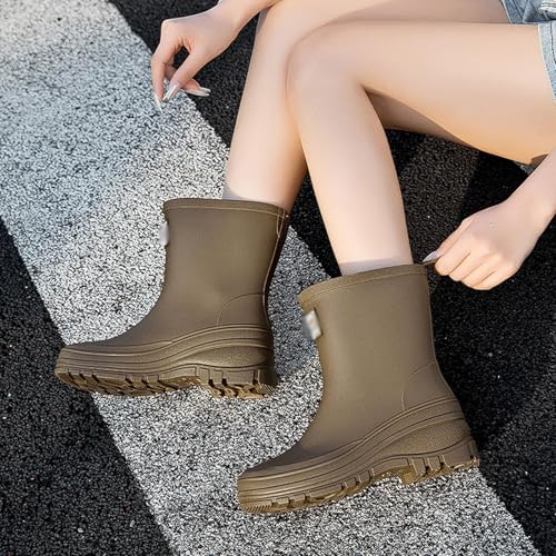 PINGSHI Boutique UK Damen-Regenstiefel bis zur Wade, wasserdicht, PVC, dicke Sohle, rutschfest, for den Außenbereich, Watstiefel for Camping und Arbeit(Brown-Green,41 EU) von PINGSHI Boutique UK