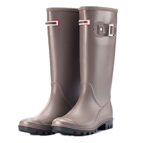 PINGSHI Boutique UK High-Top wasserdichte Regenstiefel, rutschfeste Martin-Gummistiefel mit niedrigem Blockabsatz, elegant lang for alle Jahreszeiten(Gray Apricot,38 EU) von PINGSHI Boutique UK