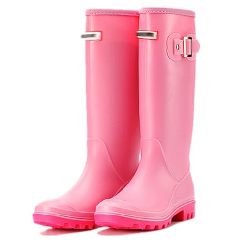 PINGSHI Boutique UK High-Top wasserdichte Regenstiefel, rutschfeste Martin-Gummistiefel mit niedrigem Blockabsatz, elegant lang for alle Jahreszeiten(Rose,39 EU) von PINGSHI Boutique UK
