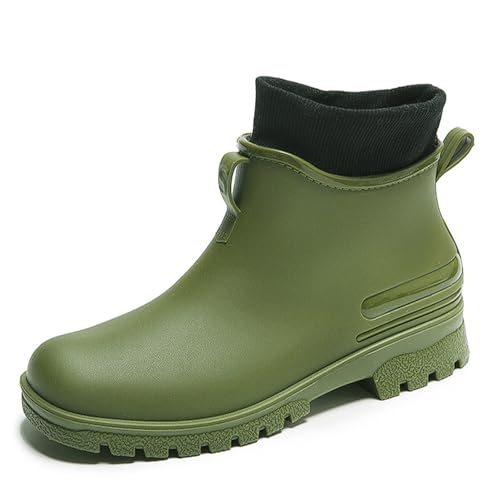 PINGSHI Boutique UK Niedrig geschnittene, wasserdichte Regenstiefel mit Fleecefutter, 5 cm Absatz, rutschfeste, bequeme Stiefeletten for den Außenbereich for Spazierengehen und Einkaufen(Groen,37 EU) von PINGSHI Boutique UK