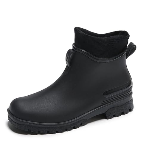 PINGSHI Boutique UK Niedrig geschnittene, wasserdichte Regenstiefel mit Fleecefutter, 5 cm Absatz, rutschfeste, bequeme Stiefeletten for den Außenbereich for Spazierengehen und Einkaufen(Svart,41 EU) von PINGSHI Boutique UK