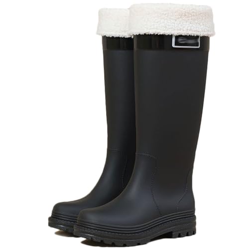 Wasserdichte Regenstiefel for Damen mit herausnehmbarem Innenfutter, rutschfeste Gummistiefel for die Küche, niedriger Blockabsatz, trendige Überschuhe bis zur Mitte der Wade(Black 1,37 EU) von PINGSHI Boutique UK