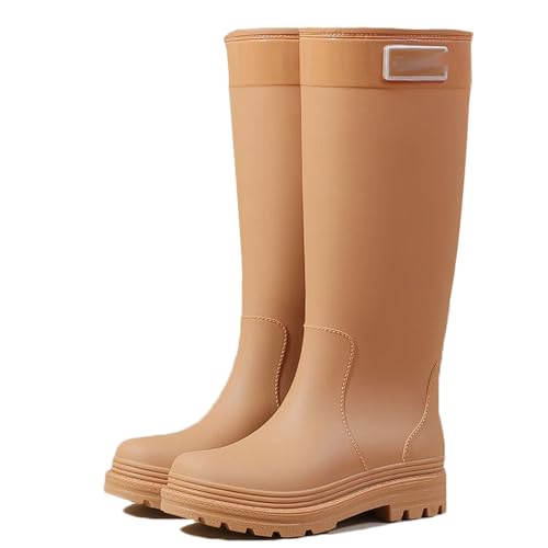 Wasserdichte Regenstiefel for Damen mit herausnehmbarem Innenfutter, rutschfeste Gummistiefel for die Küche, niedriger Blockabsatz, trendige Überschuhe bis zur Mitte der Wade(Kaki,35 EU) von PINGSHI Boutique UK