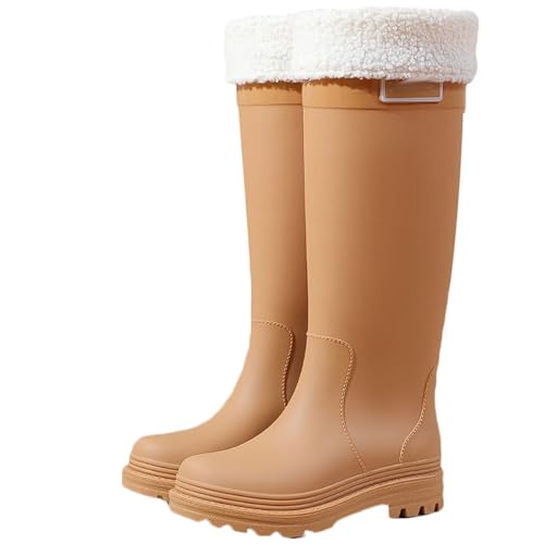 Wasserdichte Regenstiefel for Damen mit herausnehmbarem Innenfutter, rutschfeste Gummistiefel for die Küche, niedriger Blockabsatz, trendige Überschuhe bis zur Mitte der Wade(Khaki 1,41 EU) von PINGSHI Boutique UK