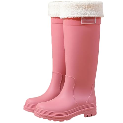 Wasserdichte Regenstiefel for Damen mit herausnehmbarem Innenfutter, rutschfeste Gummistiefel for die Küche, niedriger Blockabsatz, trendige Überschuhe bis zur Mitte der Wade(Pink 1,35 EU) von PINGSHI Boutique UK