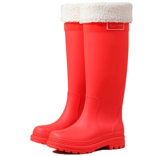 Wasserdichte Regenstiefel for Damen mit herausnehmbarem Innenfutter, rutschfeste Gummistiefel for die Küche, niedriger Blockabsatz, trendige Überschuhe bis zur Mitte der Wade(Red 1,41 EU) von PINGSHI Boutique UK