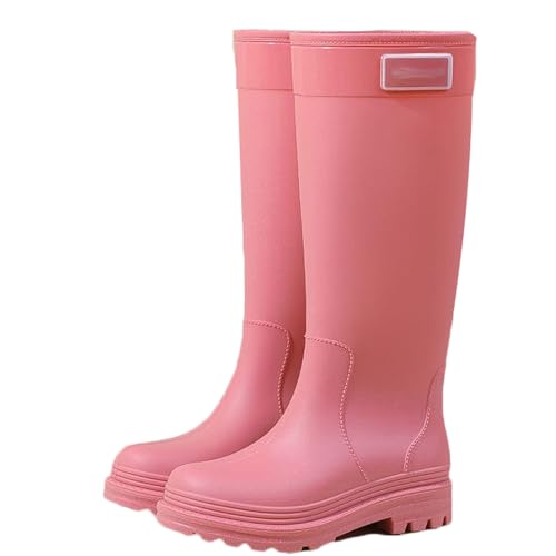 Wasserdichte Regenstiefel for Damen mit herausnehmbarem Innenfutter, rutschfeste Gummistiefel for die Küche, niedriger Blockabsatz, trendige Überschuhe bis zur Mitte der Wade(Rose,41 EU) von PINGSHI Boutique UK
