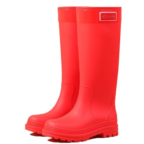 Wasserdichte Regenstiefel for Damen mit herausnehmbarem Innenfutter, rutschfeste Gummistiefel for die Küche, niedriger Blockabsatz, trendige Überschuhe bis zur Mitte der Wade(Rosso,39 EU) von PINGSHI Boutique UK