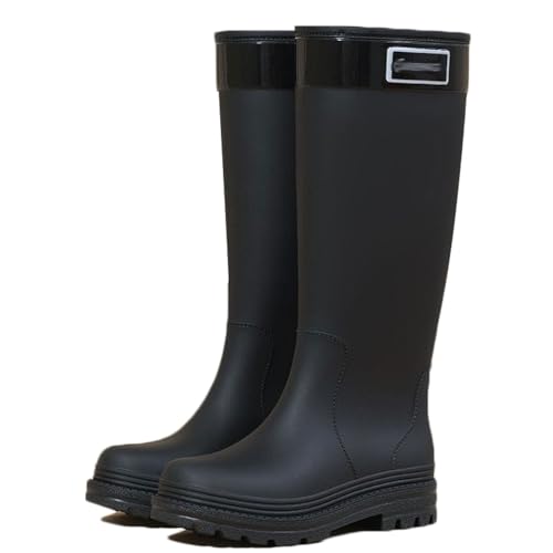 Wasserdichte Regenstiefel for Damen mit herausnehmbarem Innenfutter, rutschfeste Gummistiefel for die Küche, niedriger Blockabsatz, trendige Überschuhe bis zur Mitte der Wade(Svart,41 EU) von PINGSHI Boutique UK