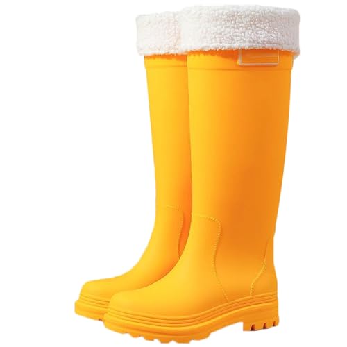 Wasserdichte Regenstiefel for Damen mit herausnehmbarem Innenfutter, rutschfeste Gummistiefel for die Küche, niedriger Blockabsatz, trendige Überschuhe bis zur Mitte der Wade(Yellow 1,39 EU) von PINGSHI Boutique UK