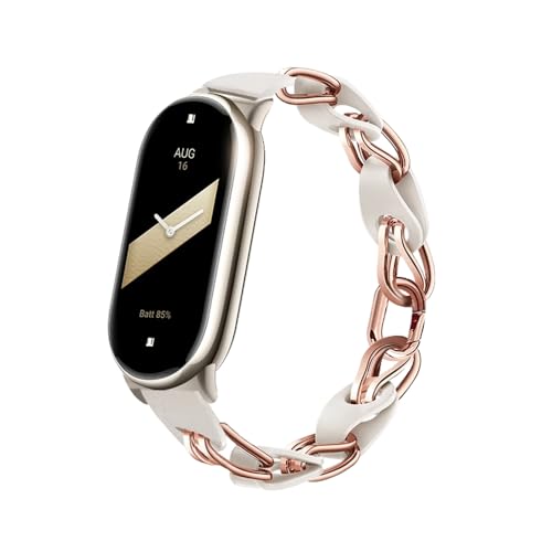 PINHEN Kompatibel für Xiaomi Smart Band 8 Band,Ersatzband durchbrochenes Design Edelstahlring Lederkette Gürtel Miband 8 Band Atmungsaktiv Elegantes Ersatzband für Damen (White Rose Gold) von PINHEN