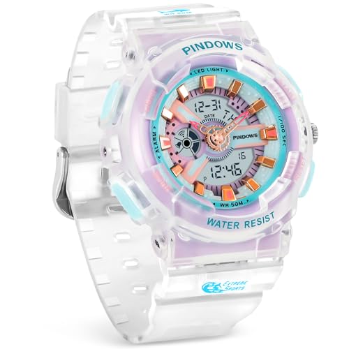 PINIDOUS Damen Uhren für Damen Teenager Studenten Uhr Außenbereich Wasserdicht Digital Sport Analog Uhren für Damen mit Stoppuhr Alarm Countdown Dual Display7 Farben LED Hintergrundbeleuchtung von PINIDOUS
