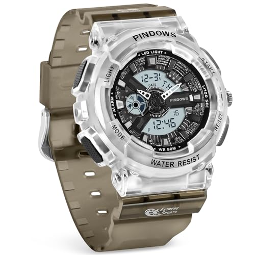 PINIDOUS Damen Uhren für Damen Teenager Studenten Uhr Außenbereich Wasserdicht Digital Sport Analog Uhren für Damen mit Stoppuhr Alarm Countdown Dual Display7 Farben LED (Transparent-Schwarz) von PINIDOUS