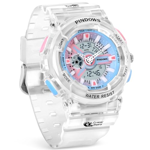 PINIDOUS Damen Uhren für Teenager Studenten Außenbereich Wasserdicht Digital Sport Analog mit Stoppuhr Alarm Countdown Dual Display 7 Farben LED Hintergrundbeleuchtung von PINIDOUS