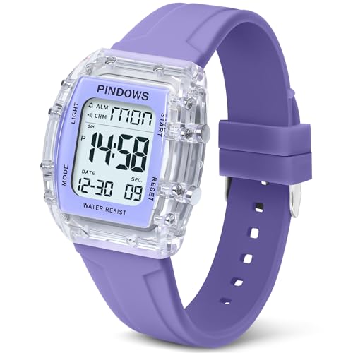 Damen Uhren für Damen Teenager Uhr Outdoor Sport Digitaluhren für Frauen Studenten wasserdichte Uhren mit Wecker Stoppuhr Countdown Zweifach-Zeitmessung Funktion Licht (Purple) von PINIDOUS