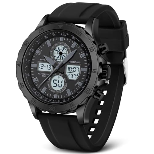 Herren Uhren Sportuhr wasserdichte Militär Uhren Digitale Analoge Uhr für Herren,Aus Edelstahl Uhren mit Stoppuhr Alarm Licht Stündlicher Glockenschlag Multifunktions Armbanduhren von PINIDOUS