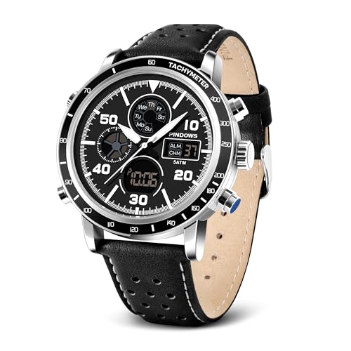PINIDOUS Uhren Herren Analog Quarz Chronograph Herrenuhren wasserdichte Digitale Armbanduhr Business Edelstahl Herrenuhr mit Stoppuhr Alarm Countdown Dual Dial Time LED von PINIDOUS