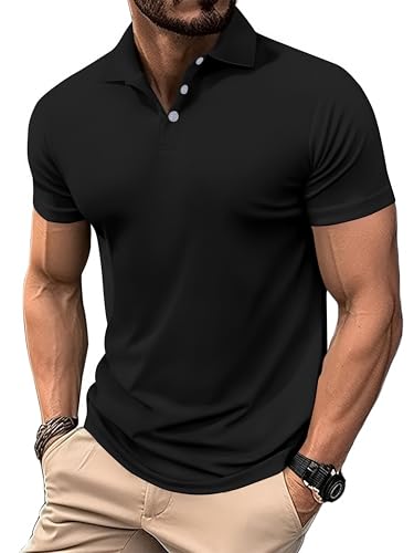 PINSPARK 1/3er Golf Shirts Herren Schnelltrocknend Golf Polo Shirt Herbst Outdoor Tennis Sport Hemden 2025 Schmale Passform Basic Kurzarm Sportshirt Schwarz XXL (1 Stück) von PINSPARK