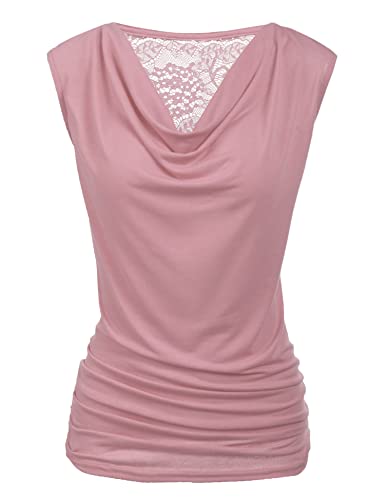 PINSPARK Oberteile Damen Sommer V-Ausschnitt Spitzen T-Shirt Elegant Bluse Ärmellos Oberteile Stretch Falten Blusen Pink Lila L von PINSPARK