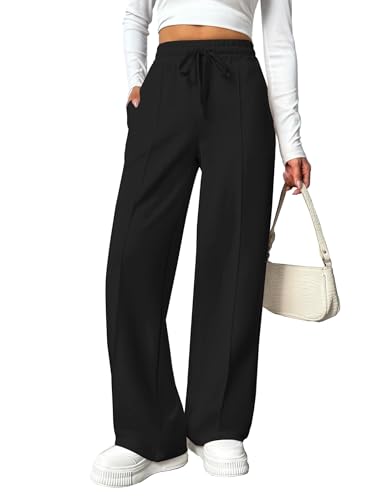 PINSPARK Damen Jogginghose High Waist Sporthose Weites Bein Sweatpants mit elastischem Bund Yogahose Trainingshose Fitness Sweathose Baggy Freizeithose mit Taschen Schwarz XS von PINSPARK