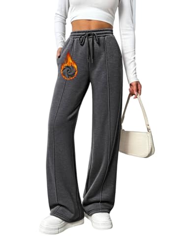 PINSPARK Damen Jogginghose Warme Joggpants High Waist Sporthose Baggy Weites Bein Trainingshose Fleece Freizeithose mit Taschen Thermohose Winter Fleecehose Dunkelgrau M von PINSPARK
