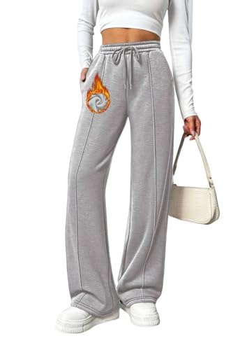 PINSPARK Damen Jogginghose Warme Joggpants High Waist Sporthose Baggy Weites Bein Trainingshose Fleece Freizeithose mit Taschen Thermohose Winter Fleecehose Hellgrau M von PINSPARK