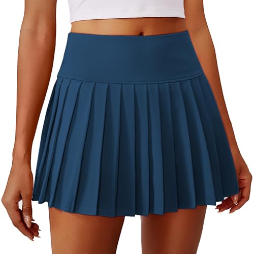 PINSPARK Damen Plissierte Tennisrock mit Taschen Hohe Taille Tennis Skort V-Bund Faltenrock Sportrock Minirock UV Schutz Röcke Hosenrock Golfrock Workout Outdoor Laufen Marineblau XXL von PINSPARK