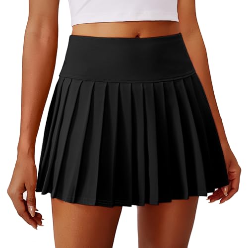 PINSPARK Damen Plissierte Tennisrock mit Taschen Hohe Taille Tennis Skort V-Bund Faltenrock Sportrock Minirock UV Schutz Röcke Hosenrock Golfrock Workout Outdoor Laufen Schwarz M von PINSPARK