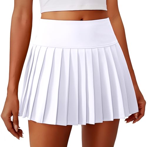 PINSPARK Damen Plissierte Tennisrock mit Taschen Hohe Taille Tennis Skort V-Bund Faltenrock Sportrock Minirock UV Schutz Röcke Hosenrock Golfrock Workout Outdoor Laufen Weiß M von PINSPARK