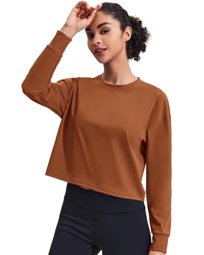 PINSPARK Damen Sport Langarmshirt Leicht Fitness Yoga Langarm Shirt Atmungsaktiv Crop Tops Sportshirt Trainingsshirt Sport Kleidung Frauen Running Workout Top Locker Braun XXL von PINSPARK