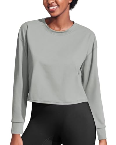 PINSPARK Damen Sport Langarmshirt Leicht Fitness Yoga Langarm Shirt Atmungsaktiv Crop Tops Sportshirt Trainingsshirt Sport Kleidung Frauen Running Workout Top Locker Grau L von PINSPARK