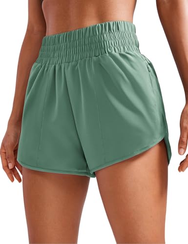 PINSPARK Damen Sport Shorts High Waist Laufshorts 2 in 1 Kurze Sporthose Laufen Yoga Fitness Jogging Trainingshose mit Reißverschlusstasche Graugrün XXL von PINSPARK